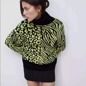 Zara Black and Neon Green Animal Print Turtleneck Sweater